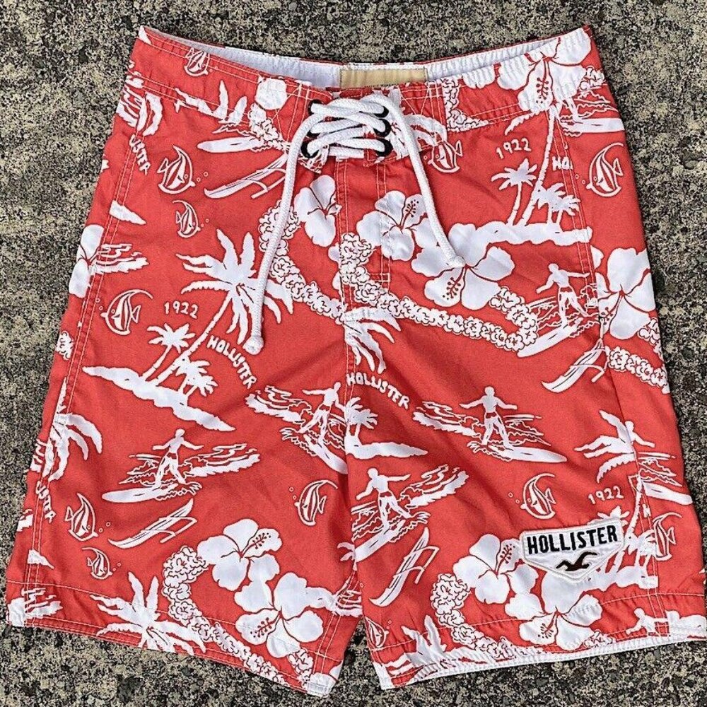 Men's Retro HOLLISTER 1992 Hawaiian Floral Logo Board Shorts Surfer Sz Sm Beach
